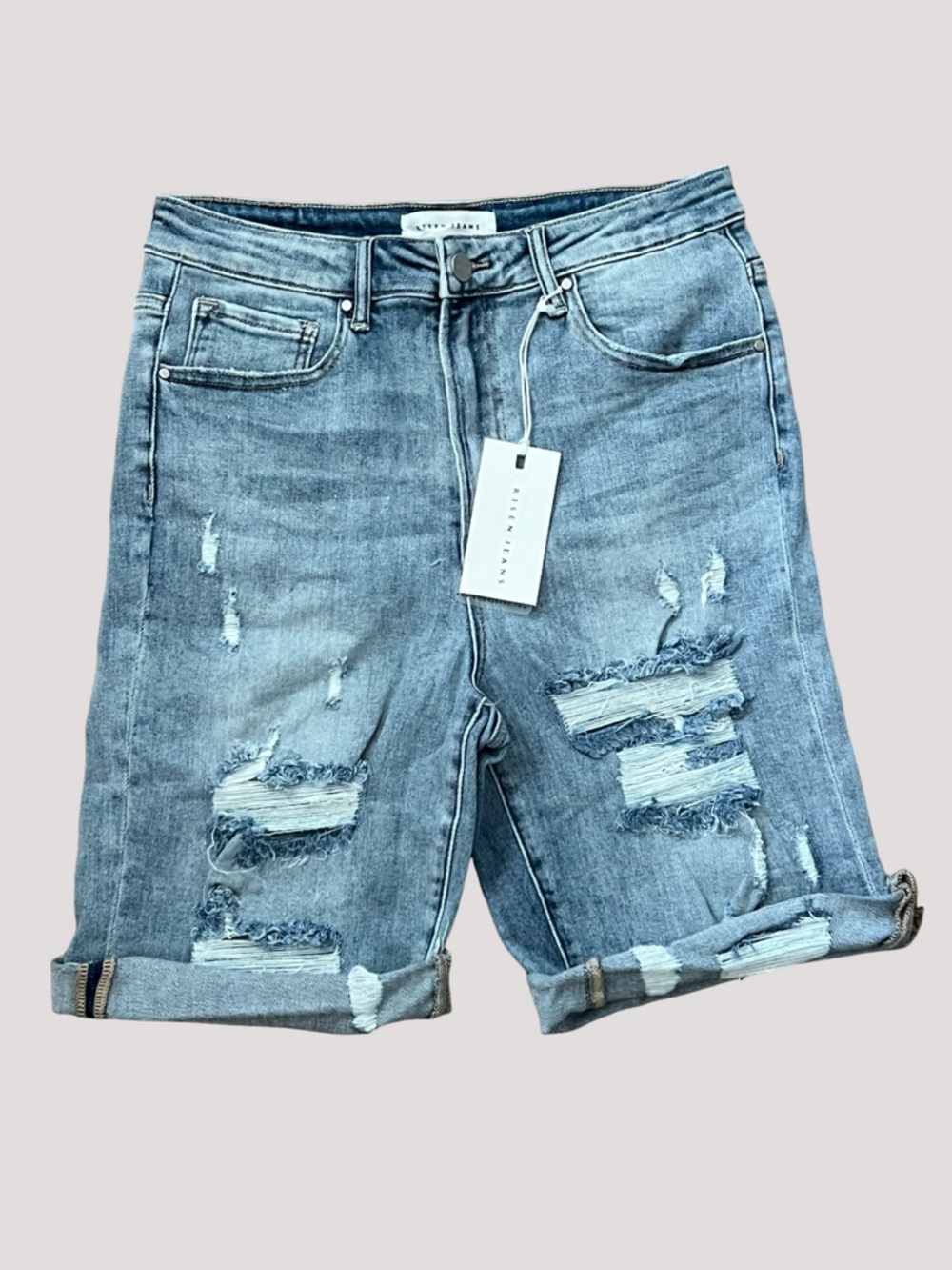 Risen Light Blue Distressed Bermuda Jeans Shorts for Women - Picture 6 of 11
